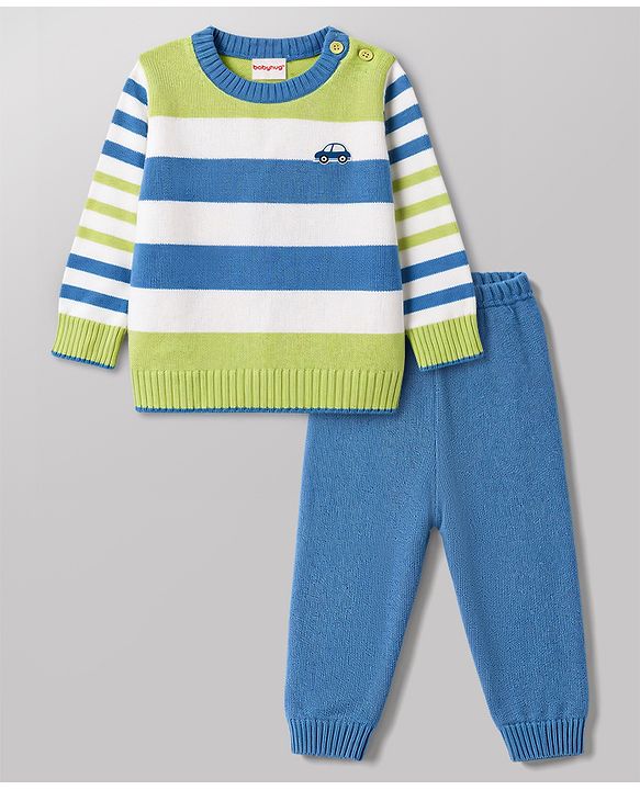 Babyhug Knitted Full Sleeves Striped & Car Designed Sweater Set - Blue