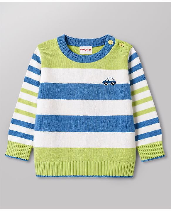Babyhug Knitted Full Sleeves Striped & Car Designed Sweater Set - Blue