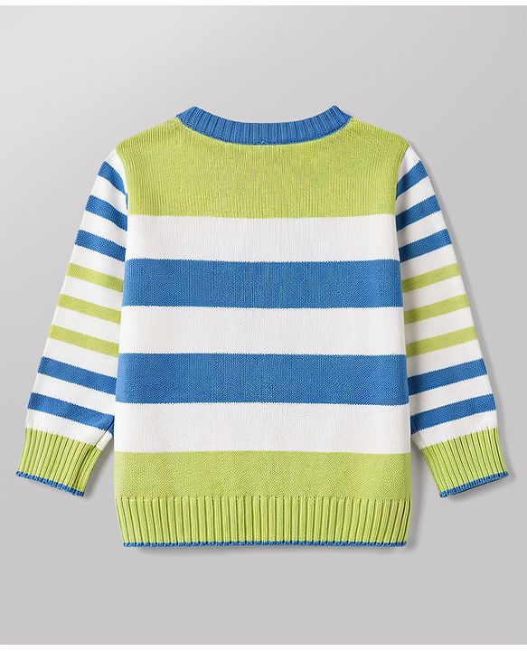 Babyhug Knitted Full Sleeves Striped & Car Designed Sweater Set - Blue