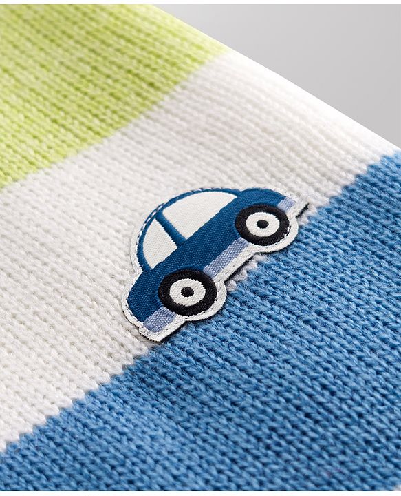Babyhug Knitted Full Sleeves Striped & Car Designed Sweater Set - Blue
