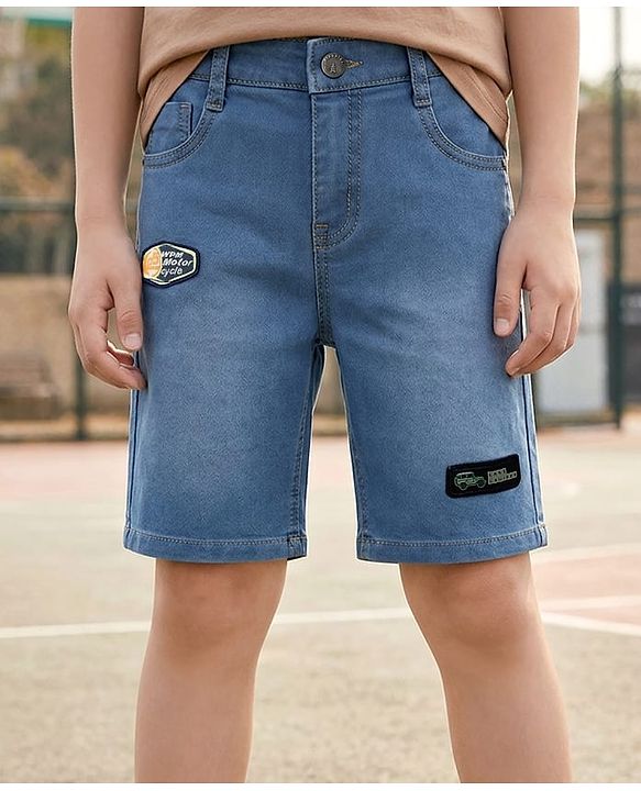Pine Kids Denim Woven Knee Length Solid Shorts With Patch Detailing - Light Blue