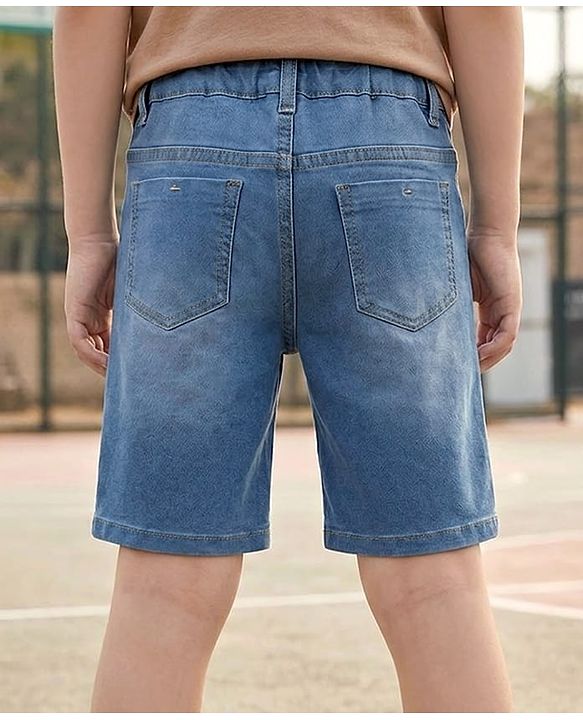 Pine Kids Denim Woven Knee Length Solid Shorts With Patch Detailing - Light Blue