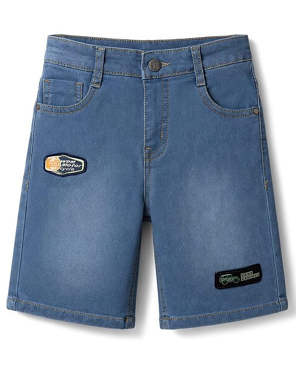 Pine Kids Denim Woven Knee Length Solid Shorts With Patch Detailing - Light Blue