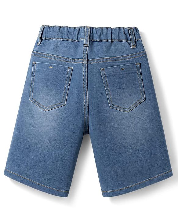 Pine Kids Denim Woven Knee Length Solid Shorts With Patch Detailing - Light Blue