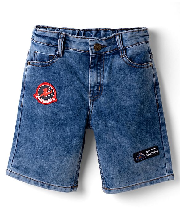 Pine Kids Denim Woven Knee Length Shorts with Badge Detailing - Blue