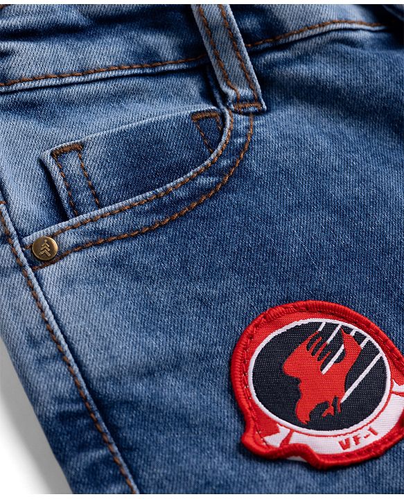 Pine Kids Denim Woven Knee Length Shorts with Badge Detailing - Blue