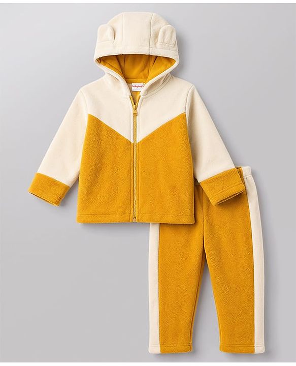 Babyhug Fur Full Sleeves Hooded Sweat Jacket & Lounge Pant Set with Cut & Sew & Colour Block Design - Mustard & Cream