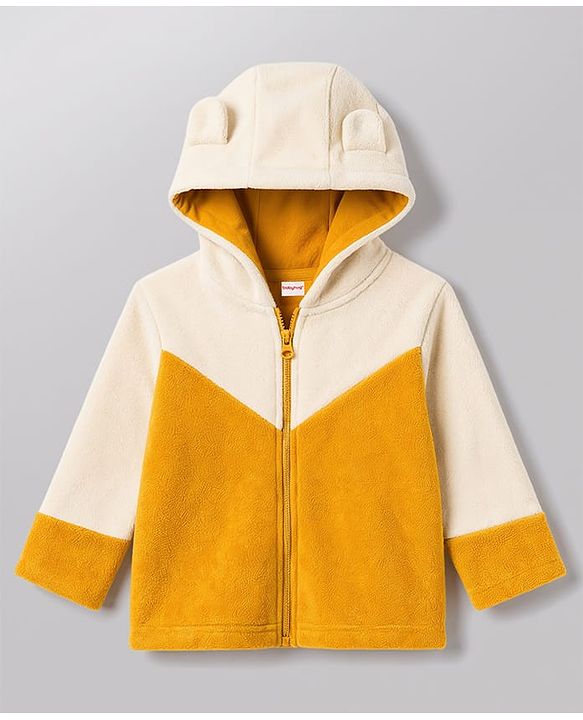 Babyhug Fur Full Sleeves Hooded Sweat Jacket & Lounge Pant Set with Cut & Sew & Colour Block Design - Mustard & Cream