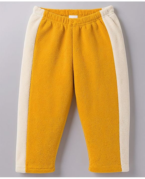 Babyhug Fur Full Sleeves Hooded Sweat Jacket & Lounge Pant Set with Cut & Sew & Colour Block Design - Mustard & Cream