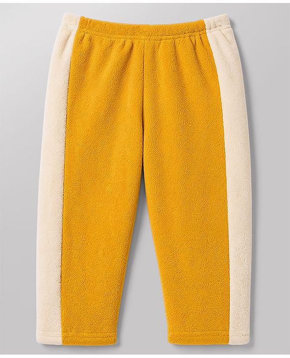 Babyhug Fur Full Sleeves Hooded Sweat Jacket & Lounge Pant Set with Cut & Sew & Colour Block Design - Mustard & Cream