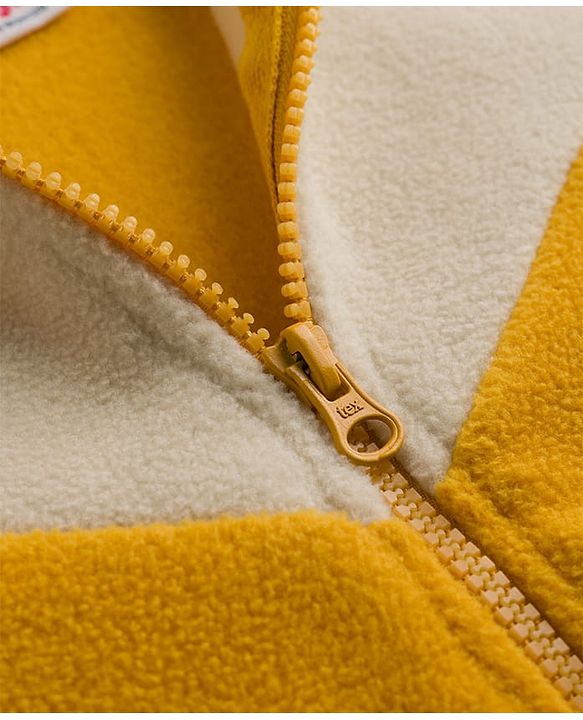 Babyhug Fur Full Sleeves Hooded Sweat Jacket & Lounge Pant Set with Cut & Sew & Colour Block Design - Mustard & Cream