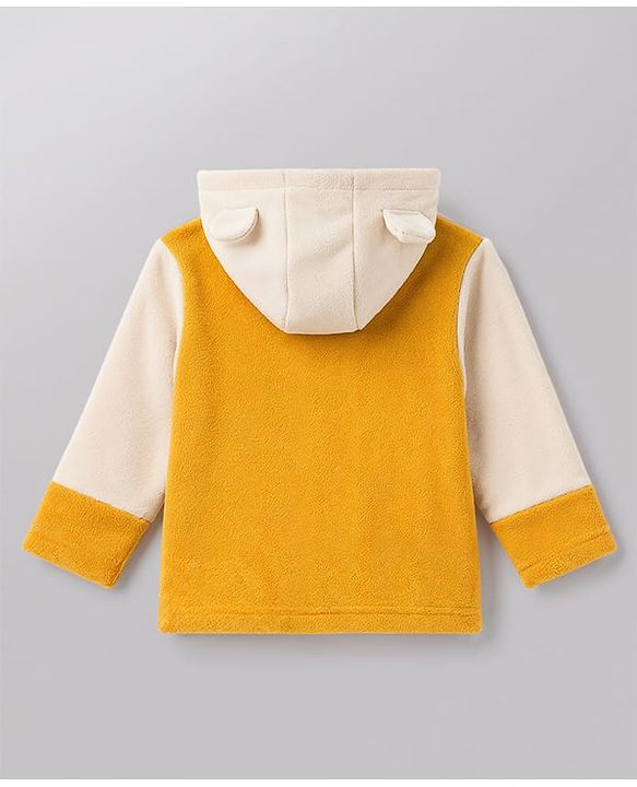 Babyhug Fur Full Sleeves Hooded Sweat Jacket & Lounge Pant Set with Cut & Sew & Colour Block Design - Mustard & Cream