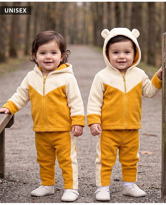 Babyhug Fur Full Sleeves Hooded Sweat Jacket & Lounge Pant Set with Cut & Sew & Colour Block Design - Mustard & Cream