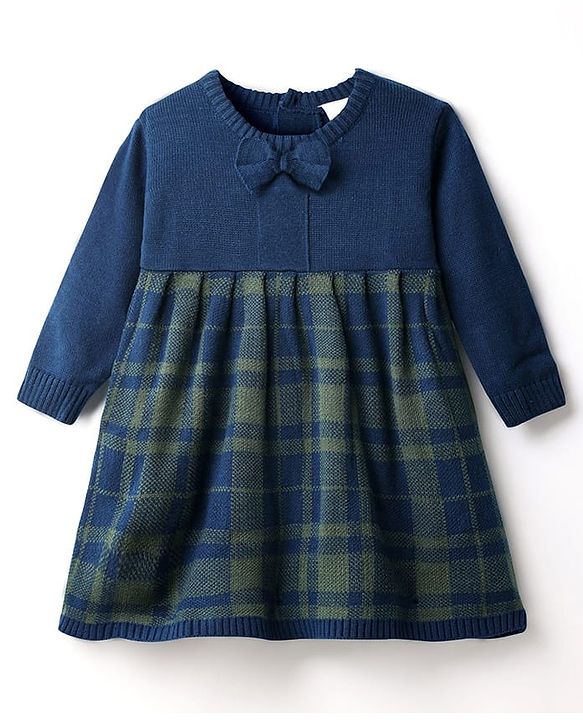 Babyhug Sweater-knit Full Sleeves Checkered Frock with Bow Applique - Navy