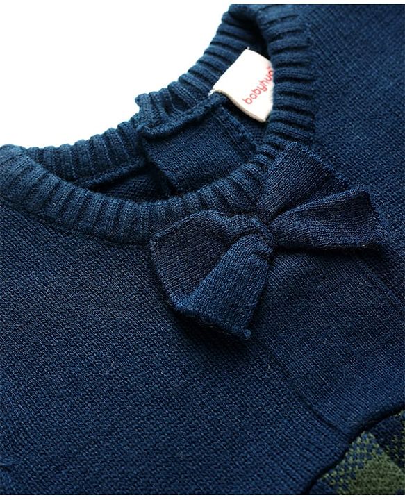 Babyhug Sweater-knit Full Sleeves Checkered Frock with Bow Applique - Navy