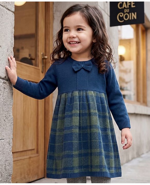 Babyhug Sweater-knit Full Sleeves Checkered Frock with Bow Applique - Navy