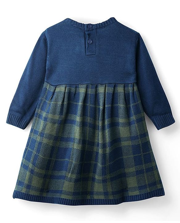 Babyhug Sweater-knit Full Sleeves Checkered Frock with Bow Applique - Navy