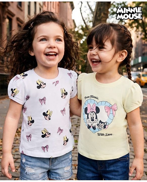 Babyhug Disney Cotton Knit Half Sleeves T-Shirts with Minnie Mouse Print Pack of 2  - White & Yellow