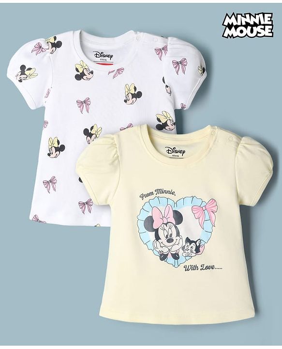 Babyhug Disney Cotton Knit Half Sleeves T-Shirts with Minnie Mouse Print Pack of 2  - White & Yellow
