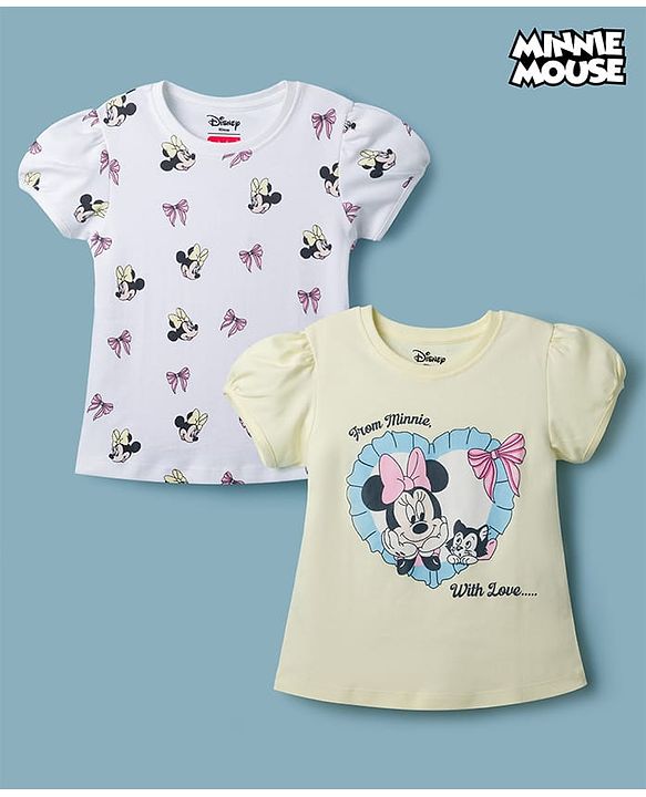 Babyhug Disney Cotton Knit Half Sleeves T-Shirts with Minnie Mouse Print Pack of 2  - White & Yellow