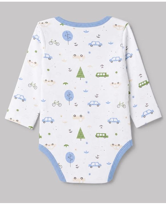 Babyhug 100% Cotton Interlock Knit Full Sleeves Striped Onesies With Car Print Pack of 3 - White, Light Blue & Beige