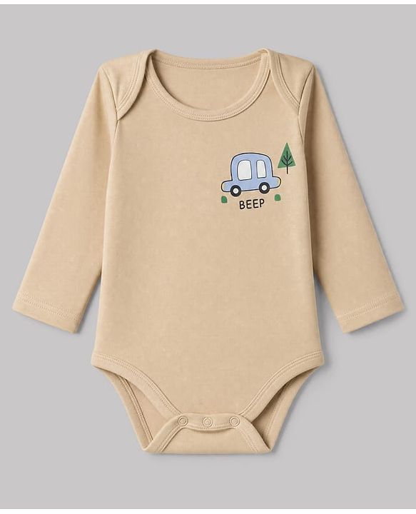 Babyhug 100% Cotton Interlock Knit Full Sleeves Striped Onesies With Car Print Pack of 3 - White, Light Blue & Beige