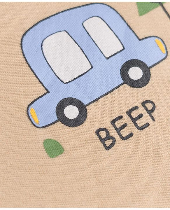 Babyhug 100% Cotton Interlock Knit Full Sleeves Striped Onesies With Car Print Pack of 3 - White, Light Blue & Beige