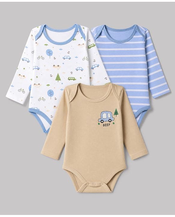 Babyhug 100% Cotton Interlock Knit Full Sleeves Striped Onesies With Car Print Pack of 3 - White, Light Blue & Beige