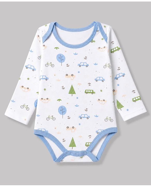 Babyhug 100% Cotton Interlock Knit Full Sleeves Striped Onesies With Car Print Pack of 3 - White, Light Blue & Beige