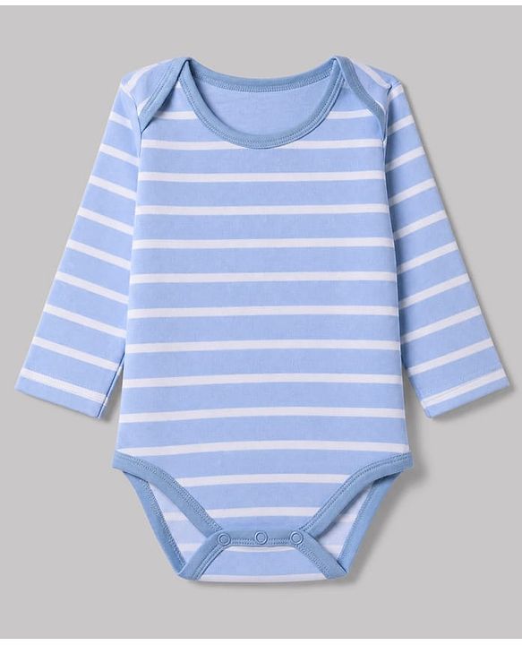 Babyhug 100% Cotton Interlock Knit Full Sleeves Striped Onesies With Car Print Pack of 3 - White, Light Blue & Beige