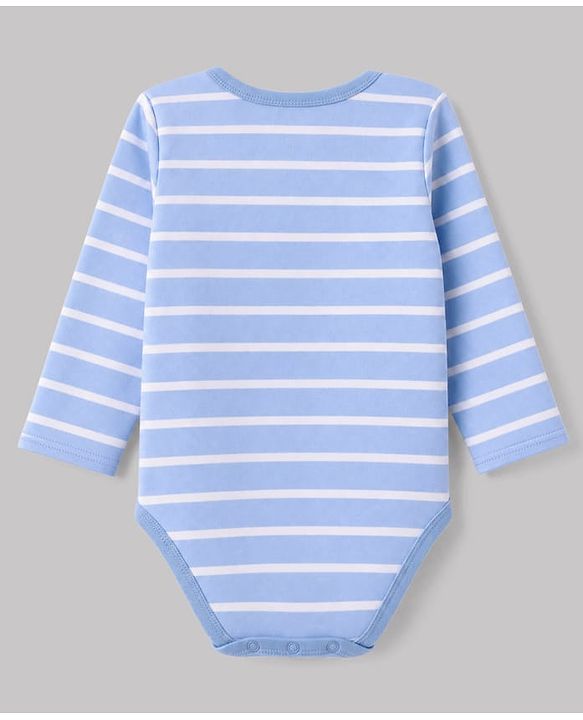 Babyhug 100% Cotton Interlock Knit Full Sleeves Striped Onesies With Car Print Pack of 3 - White, Light Blue & Beige