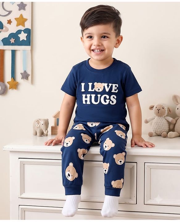 Babyhug 100% Cotton Knit Half Sleeves T-Shirt & Pyjama Night Suit Bear & Text Print -Navy