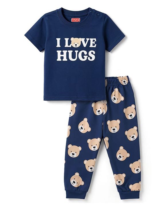 Babyhug 100% Cotton Knit Half Sleeves T-Shirt & Pyjama Night Suit Bear & Text Print -Navy