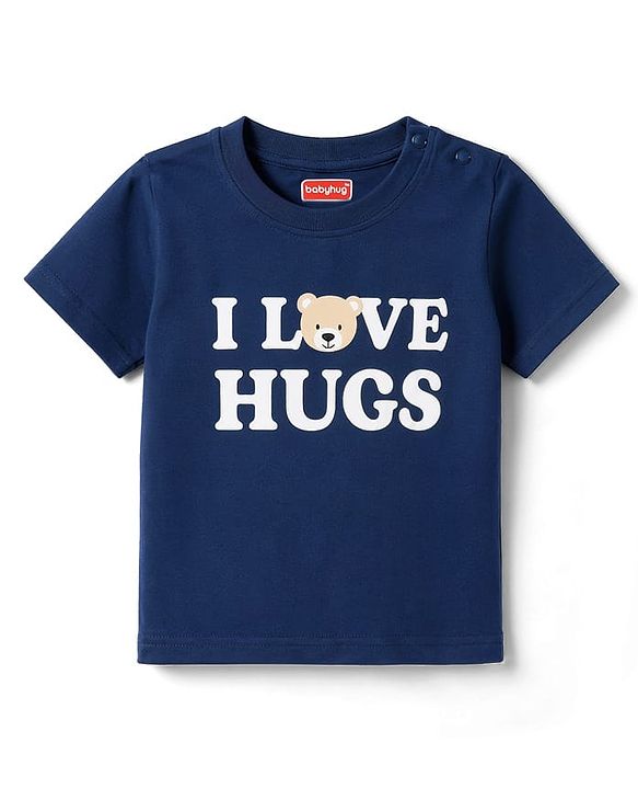 Babyhug 100% Cotton Knit Half Sleeves T-Shirt & Pyjama Night Suit Bear & Text Print -Navy