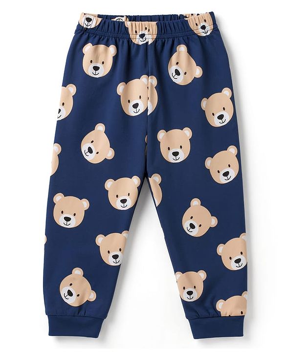 Babyhug 100% Cotton Knit Half Sleeves T-Shirt & Pyjama Night Suit Bear & Text Print -Navy