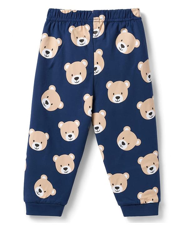 Babyhug 100% Cotton Knit Half Sleeves T-Shirt & Pyjama Night Suit Bear & Text Print -Navy