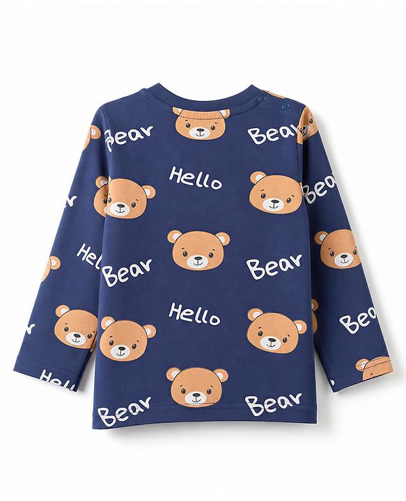 Babyhug Cotton Knit Full Sleeves T-Shirt & Pyjama Co-ords Night Suit With Teddy Bear Print - Navy Blue