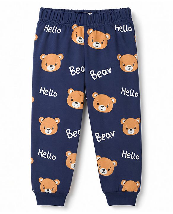 Babyhug Cotton Knit Full Sleeves T-Shirt & Pyjama Co-ords Night Suit With Teddy Bear Print - Navy Blue