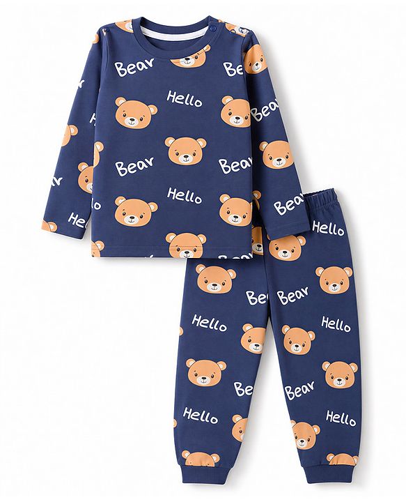 Babyhug Cotton Knit Full Sleeves T-Shirt & Pyjama Co-ords Night Suit With Teddy Bear Print - Navy Blue
