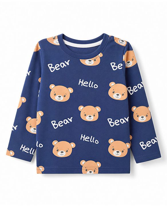 Babyhug Cotton Knit Full Sleeves T-Shirt & Pyjama Co-ords Night Suit With Teddy Bear Print - Navy Blue