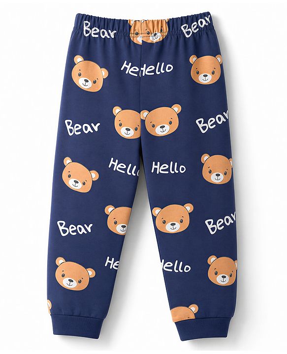 Babyhug Cotton Knit Full Sleeves T-Shirt & Pyjama Co-ords Night Suit With Teddy Bear Print - Navy Blue
