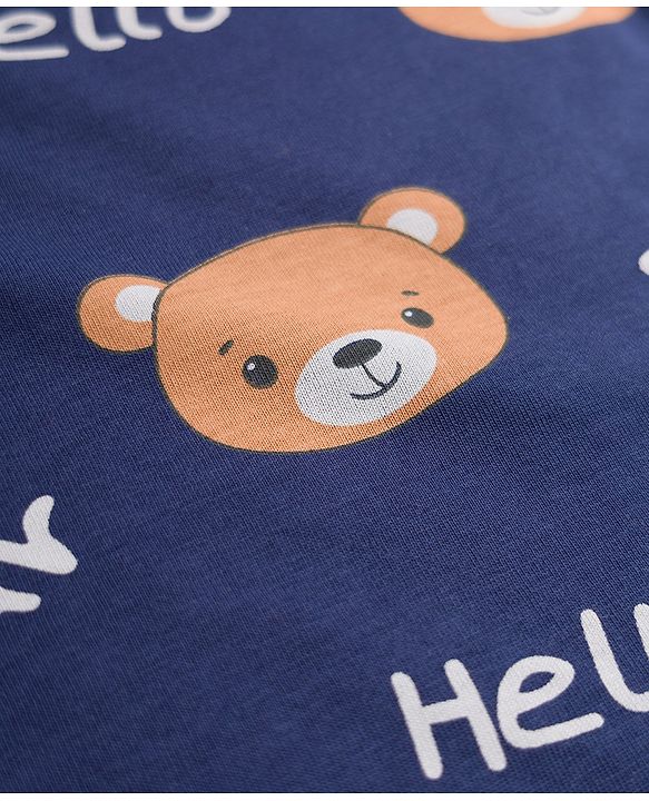 Babyhug Cotton Knit Full Sleeves T-Shirt & Pyjama Co-ords Night Suit With Teddy Bear Print - Navy Blue