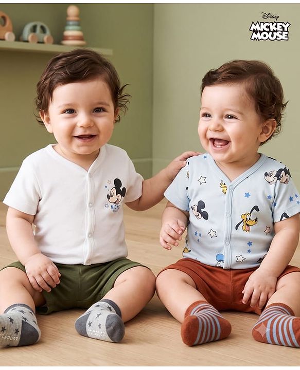Babyhug Disney Interlock Knit Half Sleeves Jhablas With Mickey Mouse Graphics Pack of 2 - Multicolor