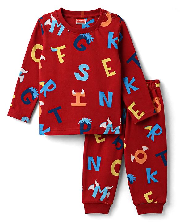 Babyhug 100% Cotton Knit Full Sleeves Alphabet Printed Co-Ords T-Shirt & Pyjama Night Suit - Dark Red