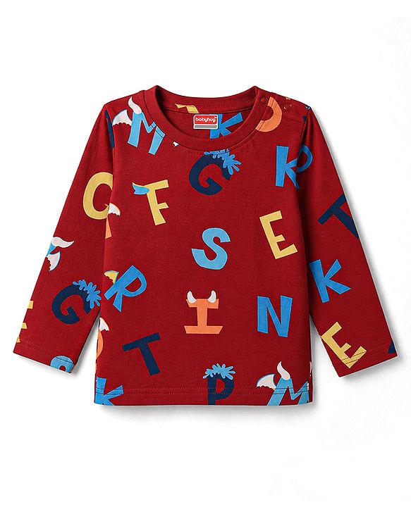 Babyhug 100% Cotton Knit Full Sleeves Alphabet Printed Co-Ords T-Shirt & Pyjama Night Suit - Dark Red