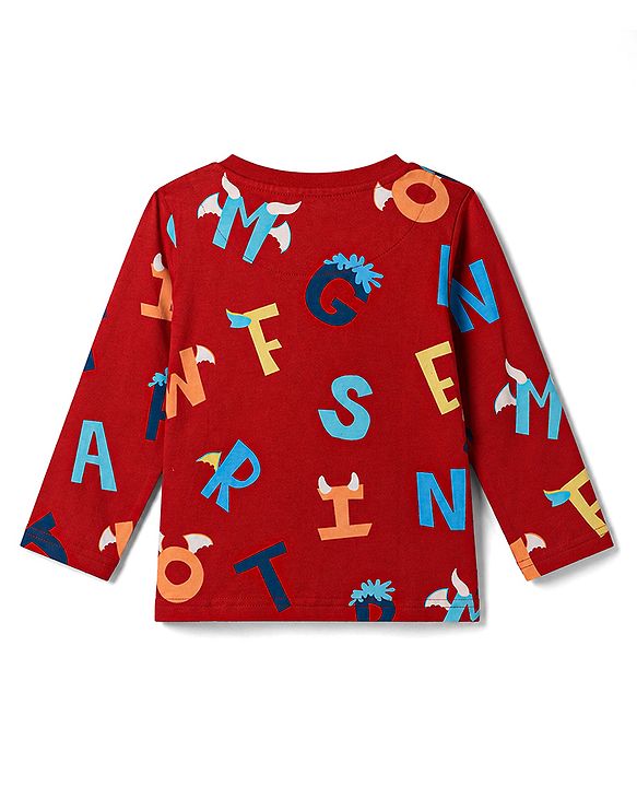 Babyhug 100% Cotton Knit Full Sleeves Alphabet Printed Co-Ords T-Shirt & Pyjama Night Suit - Dark Red