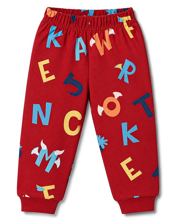Babyhug 100% Cotton Knit Full Sleeves Alphabet Printed Co-Ords T-Shirt & Pyjama Night Suit - Dark Red