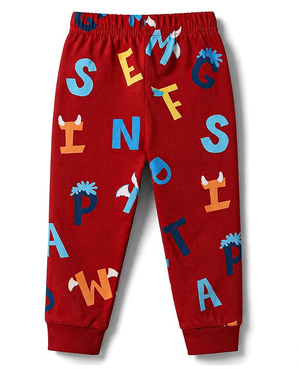 Babyhug 100% Cotton Knit Full Sleeves Alphabet Printed Co-Ords T-Shirt & Pyjama Night Suit - Dark Red