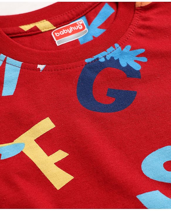 Babyhug 100% Cotton Knit Full Sleeves Alphabet Printed Co-Ords T-Shirt & Pyjama Night Suit - Dark Red
