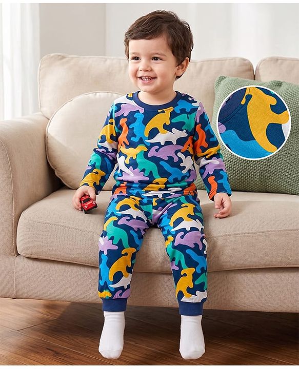Babyhug 100% Cotton Knit Full Sleeves T-Shirt & Pyjama Night Suit With Dino Print - Navy
